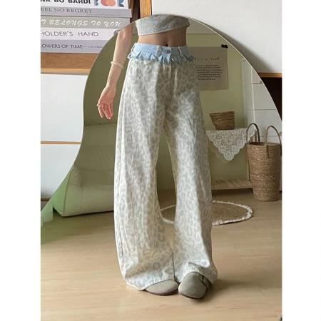 风豹纹牛仔裤新款直筒设计潮流百搭宽松显瘦牛仔阔腿裤女 服裝批發女裝批發服飾貨源