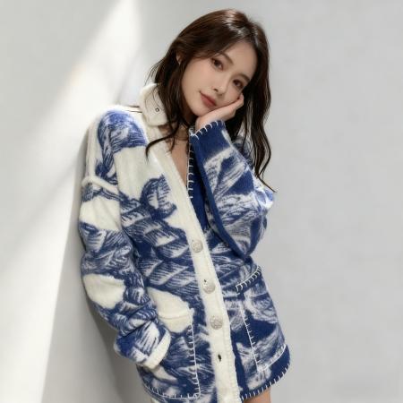 明星同款加厚手工缝无限锁边针织开衫宽松慵懒风青花瓷针织衫 服裝批發女裝批發服飾貨源