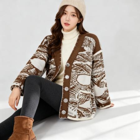 明星同款加厚手工缝无限锁边针织开衫宽松慵懒风青花瓷针织衫 服裝批發女裝批發服飾貨源