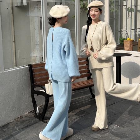 秋冬韩系背后纽扣设计感休闲慵懒风百搭时尚宽松阔腿裤套装女 服裝批發女裝批發服飾貨源