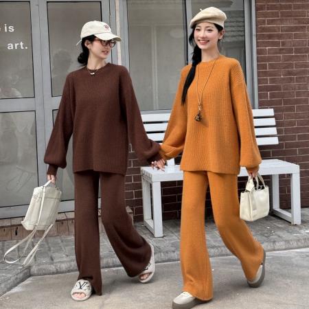 秋冬韩系背后纽扣设计感休闲慵懒风百搭时尚宽松阔腿裤套装女 服裝批發女裝批發服飾貨源