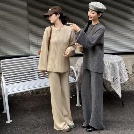 秋冬韩系背后纽扣设计感休闲慵懒风百搭时尚宽松阔腿裤套装女 服裝批發女裝批發服飾貨源