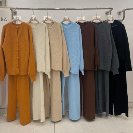 秋冬韩系背后纽扣设计感休闲慵懒风百搭时尚宽松阔腿裤套装女 服裝批發女裝批發服飾貨源