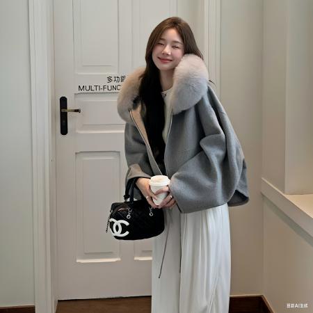 FA48814# 秋冬慵新款懒感千金风高级羊绒大衣连帽蓬松毛领斗篷外套上衣 服裝批發女裝批發服飾貨源