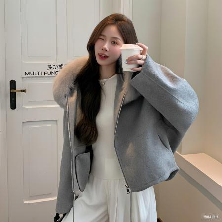 FA48814# 秋冬慵新款懒感千金风高级羊绒大衣连帽蓬松毛领斗篷外套上衣 服裝批發女裝批發服飾貨源