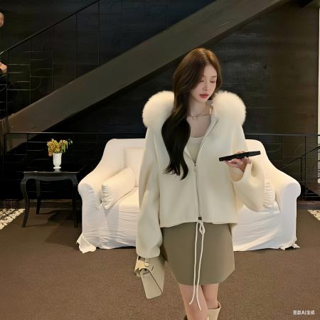 FA48814# 秋冬慵新款懒感千金风高级羊绒大衣连帽蓬松毛领斗篷外套上衣 服裝批發女裝批發服飾貨源