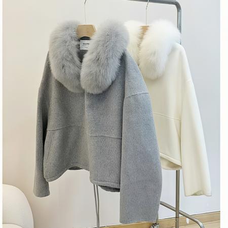 FA48814# 秋冬慵新款懒感千金风高级羊绒大衣连帽蓬松毛领斗篷外套上衣 服裝批發女裝批發服飾貨源