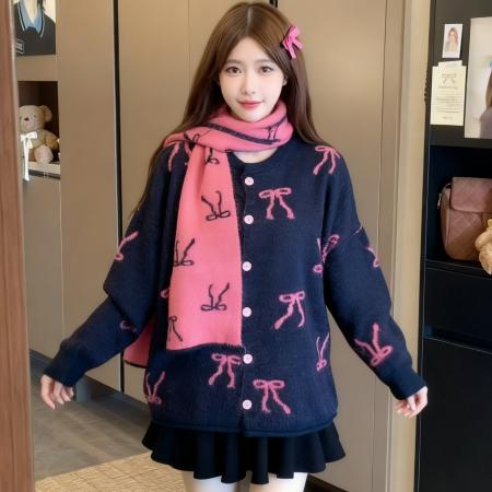 新款韩版宽松长袖羊驼绒针织提花蝴蝶结翻领开衫毛衣上衣围巾 服裝批發女裝批發服飾貨源