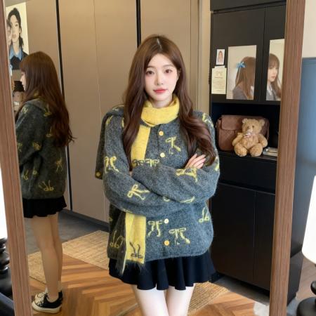 FA48815# 新款韩版宽松长袖羊驼绒针织提花蝴蝶结翻领开衫毛衣上衣围巾 服裝批發女裝批發服飾貨源