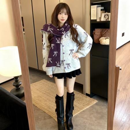 FA48815# 新款韩版宽松长袖羊驼绒针织提花蝴蝶结翻领开衫毛衣上衣围巾 服裝批發女裝批發服飾貨源