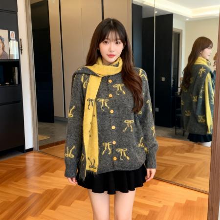 FA48815# 新款韩版宽松长袖羊驼绒针织提花蝴蝶结翻领开衫毛衣上衣围巾 服裝批發女裝批發服飾貨源