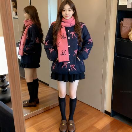 FA48815# 新款韩版宽松长袖羊驼绒针织提花蝴蝶结翻领开衫毛衣上衣围巾 服裝批發女裝批發服飾貨源