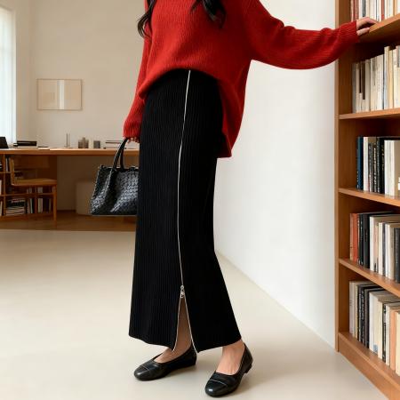 秋冬新款针织拉链长款韩版高腰a字毛线中长款修身包臀直筒裙 服裝批發女裝批發服飾貨源