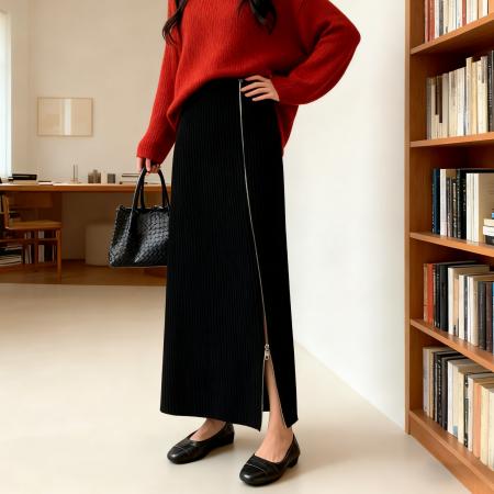 秋冬新款针织拉链长款韩版高腰a字毛线中长款修身包臀直筒裙 服裝批發女裝批發服飾貨源