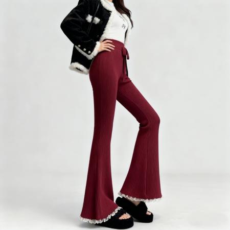 秋冬软糯微喇蕾丝花边针织阔腿裤女竖坑条高腰垂感显瘦拖地裤 服裝批發女裝批發服飾貨源