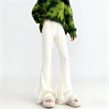 秋冬软糯微喇蕾丝花边针织阔腿裤女竖坑条高腰垂感显瘦拖地裤 服裝批發女裝批發服飾貨源