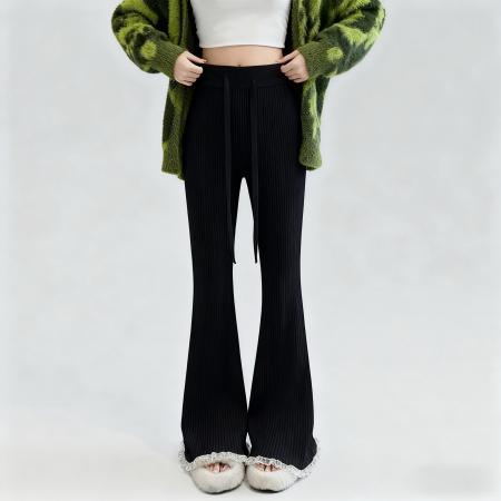 秋冬软糯微喇蕾丝花边针织阔腿裤女竖坑条高腰垂感显瘦拖地裤 服裝批發女裝批發服飾貨源