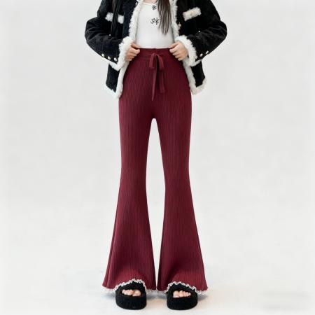 秋冬软糯微喇蕾丝花边针织阔腿裤女竖坑条高腰垂感显瘦拖地裤 服裝批發女裝批發服飾貨源