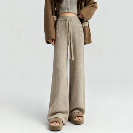 软糯纽扣针织阔腿裤女秋冬韩系垂感高腰抽绳显瘦休闲拖地长裤 服裝批發女裝批發服飾貨源