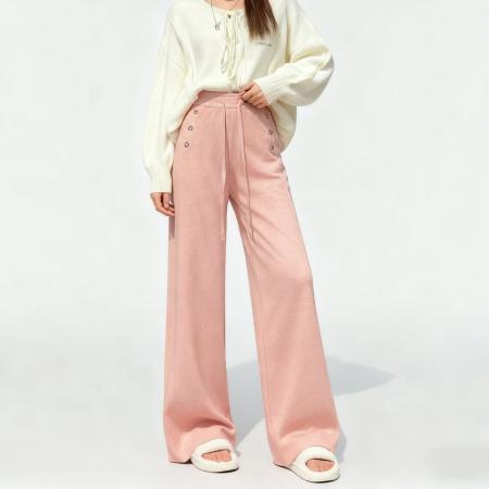 软糯纽扣针织阔腿裤女秋冬韩系垂感高腰抽绳显瘦休闲拖地长裤 服裝批發女裝批發服飾貨源