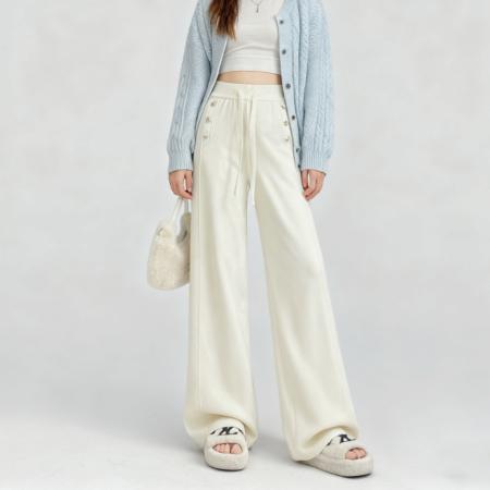 软糯纽扣针织阔腿裤女秋冬韩系垂感高腰抽绳显瘦休闲拖地长裤 服裝批發女裝批發服飾貨源