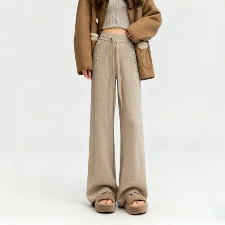 软糯纽扣针织阔腿裤女秋冬韩系垂感高腰抽绳显瘦休闲拖地长裤 服裝批發女裝批發服飾貨源