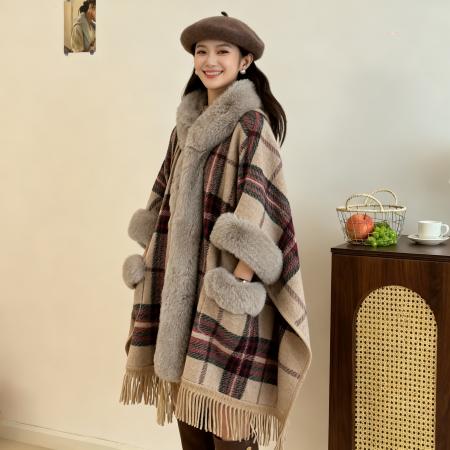 高级感格子披肩斗篷毛毛外套新款秋冬中长款大毛领有口袋披风大衣 服裝批發女裝批發服飾貨源