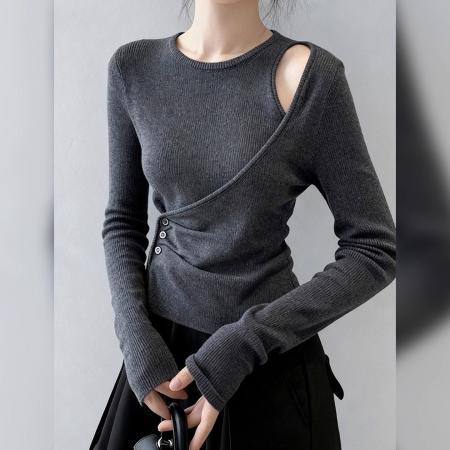 韩版美式秋装针织衫流行简约小众设计感长袖修身打底衫纯色上衣女 服裝批發女裝批發服飾貨源