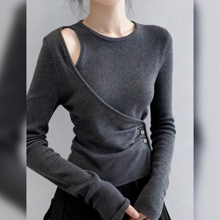 韩版美式秋装针织衫流行简约小众设计感长袖修身打底衫纯色上衣女 服裝批發女裝批發服飾貨源