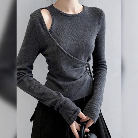 韩版美式秋装针织衫流行简约小众设计感长袖修身打底衫纯色上衣女 服裝批發女裝批發服飾貨源