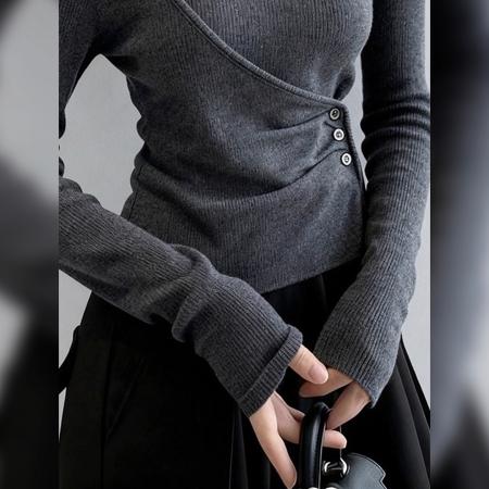 韩版美式秋装针织衫流行简约小众设计感长袖修身打底衫纯色上衣女 服裝批發女裝批發服飾貨源