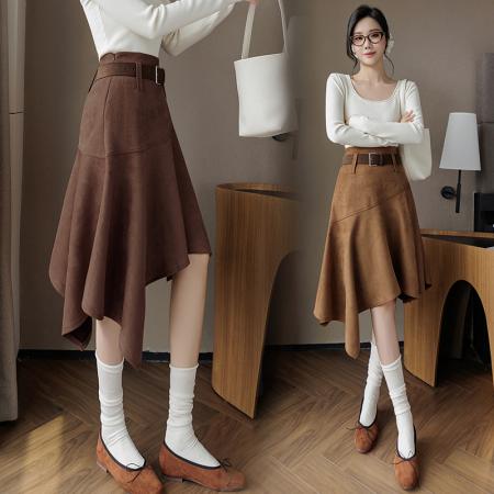 秋冬流行新款不规则麂皮绒半身裙辣妹复古显瘦大摆伞裙送腰带 服裝批發女裝批發服飾貨源
