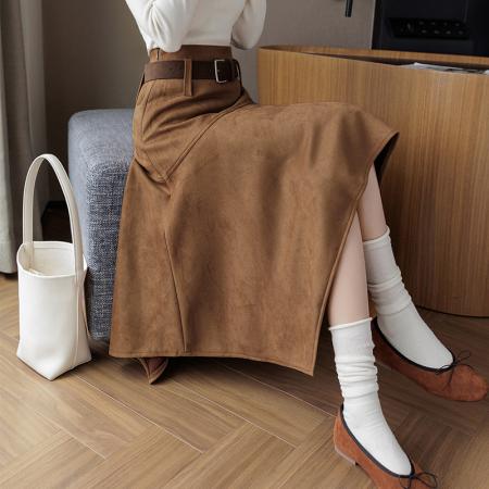 秋冬流行新款不规则麂皮绒半身裙辣妹复古显瘦大摆伞裙送腰带 服裝批發女裝批發服飾貨源