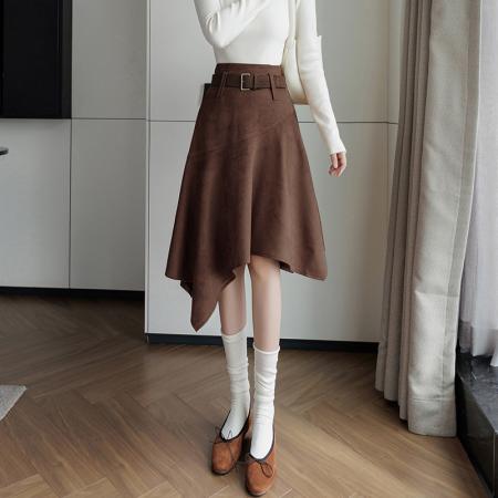 秋冬流行新款不规则麂皮绒半身裙辣妹复古显瘦大摆伞裙送腰带 服裝批發女裝批發服飾貨源