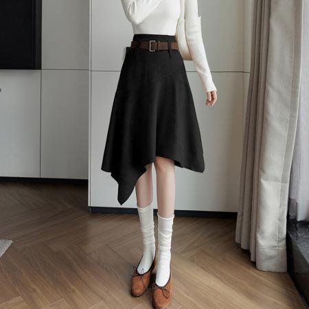 秋冬流行新款不规则麂皮绒半身裙辣妹复古显瘦大摆伞裙送腰带 服裝批發女裝批發服飾貨源