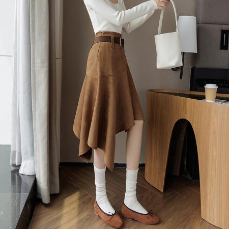 秋冬流行新款不规则麂皮绒半身裙辣妹复古显瘦大摆伞裙送腰带 服裝批發女裝批發服飾貨源