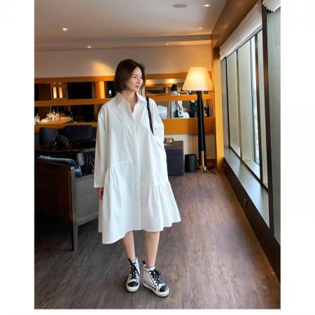 设计感不规则连衣裙女中长款春季新款韩版宽松显瘦衬衫裙子潮女 服裝批發女裝批發服飾貨源