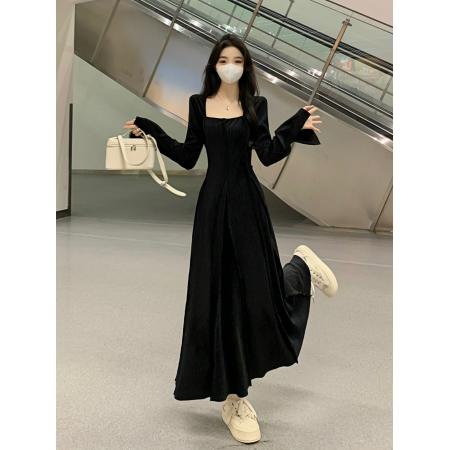 秋冬新款高级感修身显瘦气质内搭中长丝绒连衣裙 服裝批發女裝批發服飾貨源