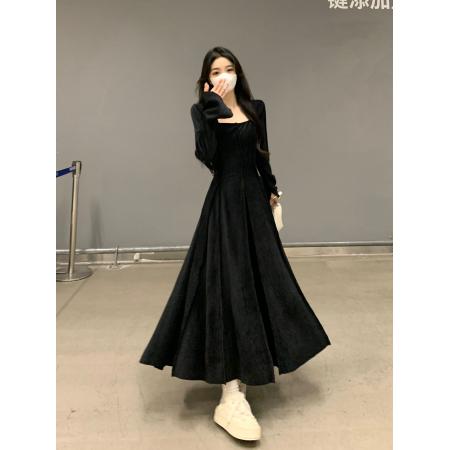 秋冬新款高级感修身显瘦气质内搭中长丝绒连衣裙 服裝批發女裝批發服飾貨源