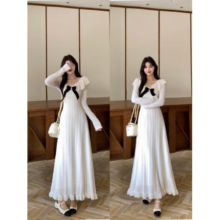 FA48827# 加绒千金感温柔气质蝴蝶结收腰连衣裙加绒显瘦内搭中长裙 服裝批發女裝批發服飾貨源