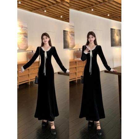 固色气质裙子女设计感蕾丝拼接黑色小个子长款丝绒连衣裙 服裝批發女裝批發服飾貨源