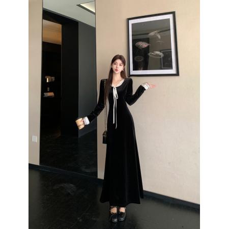 固色气质裙子女设计感蕾丝拼接黑色小个子长款丝绒连衣裙 服裝批發女裝批發服飾貨源