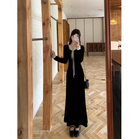 固色气质裙子女设计感蕾丝拼接黑色小个子长款丝绒连衣裙 服裝批發女裝批發服飾貨源