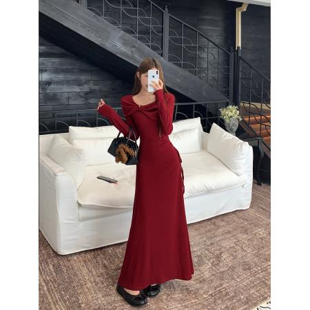 法式高级感高级收腰红色复古连衣裙女秋季显瘦气质连衣裙 服裝批發女裝批發服飾貨源