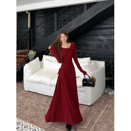 法式高级感高级收腰红色复古连衣裙女秋季显瘦气质连衣裙 服裝批發女裝批發服飾貨源