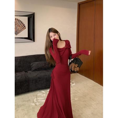 法式高级感高级收腰红色复古连衣裙女秋季显瘦气质连衣裙 服裝批發女裝批發服飾貨源