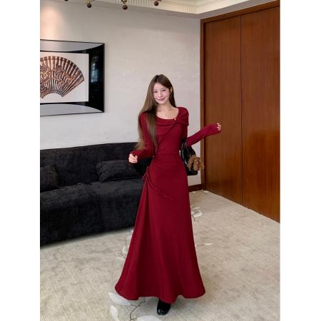 法式高级感高级收腰红色复古连衣裙女秋季显瘦气质连衣裙 服裝批發女裝批發服飾貨源