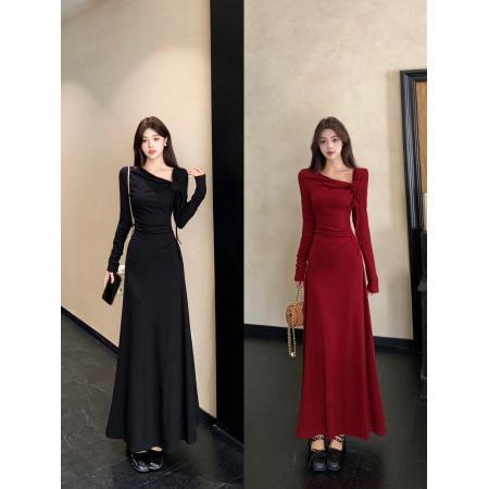 秋冬复古赫本风长袖针织连衣裙温婉收腰显瘦气质打底长裙 服裝批發女裝批發服飾貨源