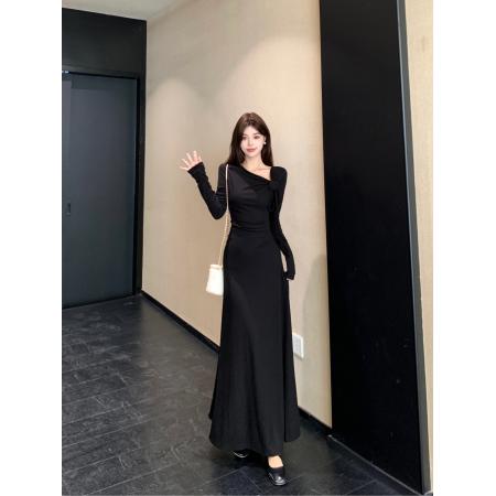 秋冬复古赫本风长袖针织连衣裙温婉收腰显瘦气质打底长裙 服裝批發女裝批發服飾貨源