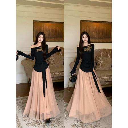 优雅气质斜肩长袖显瘦上衣针织衫网纱垂感半身裙温柔套装 服裝批發女裝批發服飾貨源